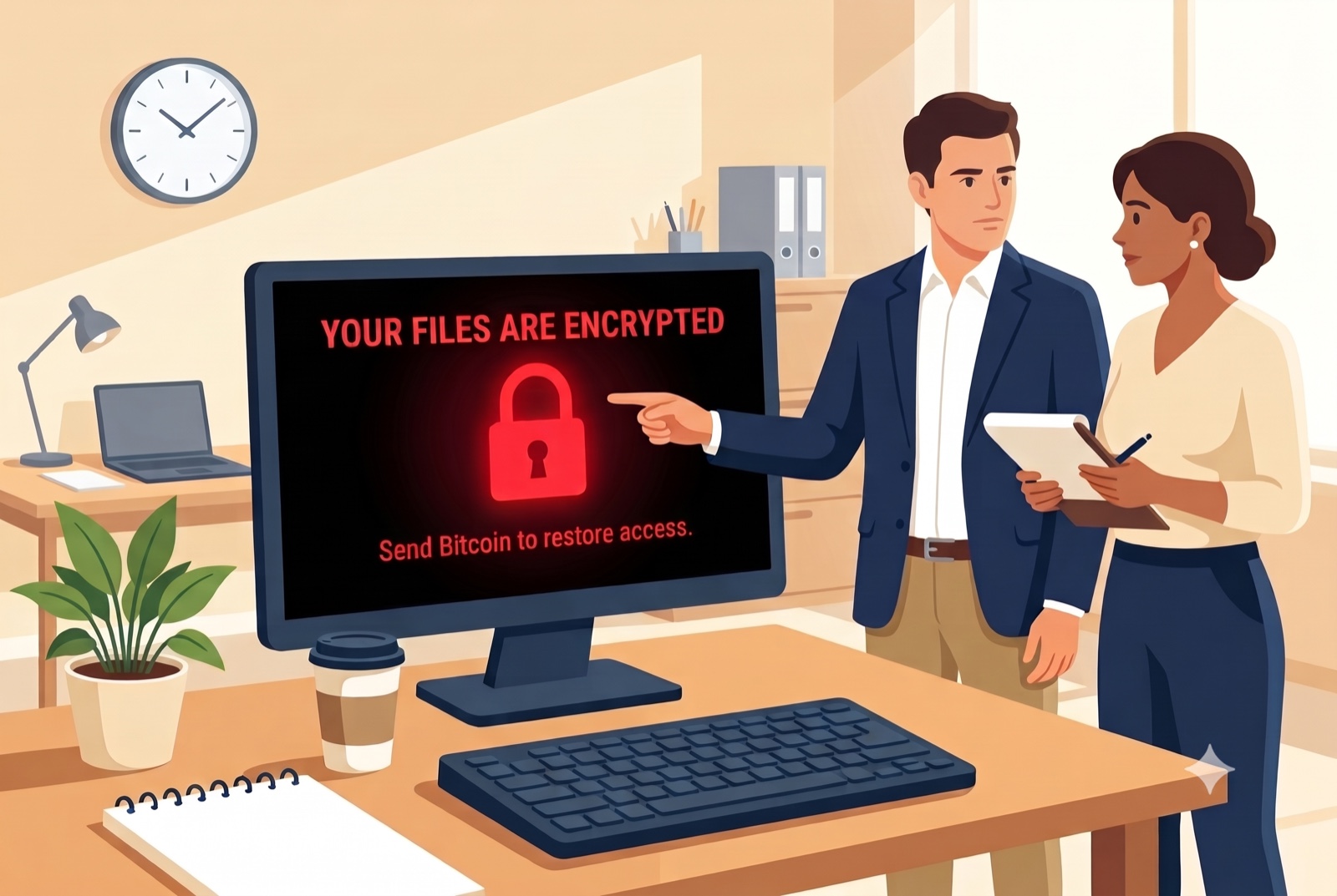 Two coworkers in a normal office discuss what to do next after a monitor shows a ransomware lock screen reading 'Your files are encrypted.'