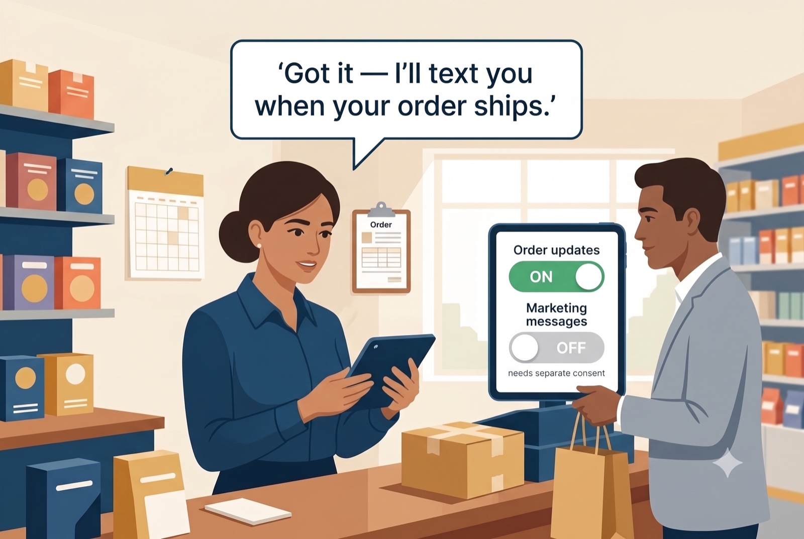 A shopkeeper hands a customer a package while a tablet shows an order-updates toggle switched on and a marketing-messages toggle switched off, needing separate consent.