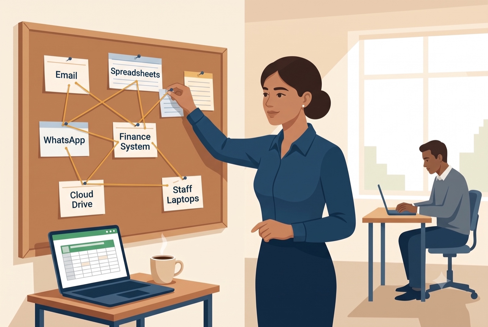 A business owner pins labeled cards for Email, Spreadsheets, WhatsApp, Finance System, Cloud Drive and Staff Laptops to a corkboard, connecting them with string to map where data is stored across the business.