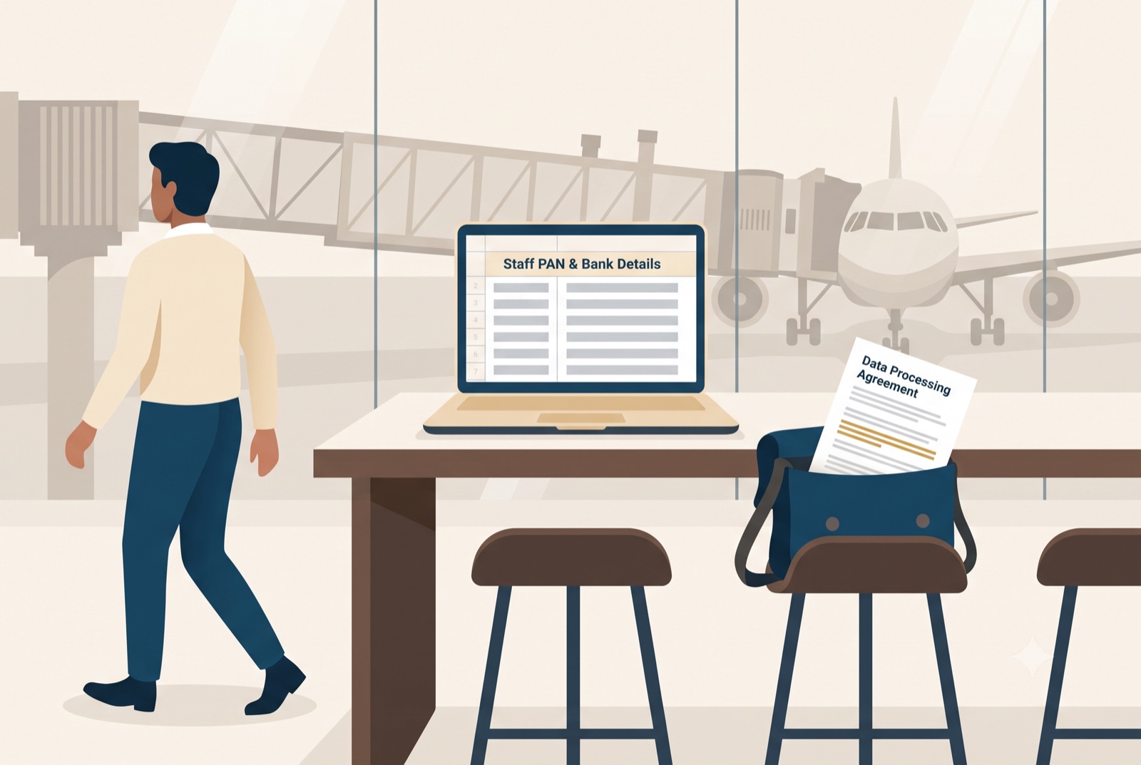 A man walks away from an unattended laptop showing a 'Staff PAN & Bank Details' spreadsheet in an airport lounge, with a signed Data Processing Agreement visible in a bag on the seat beside it.
