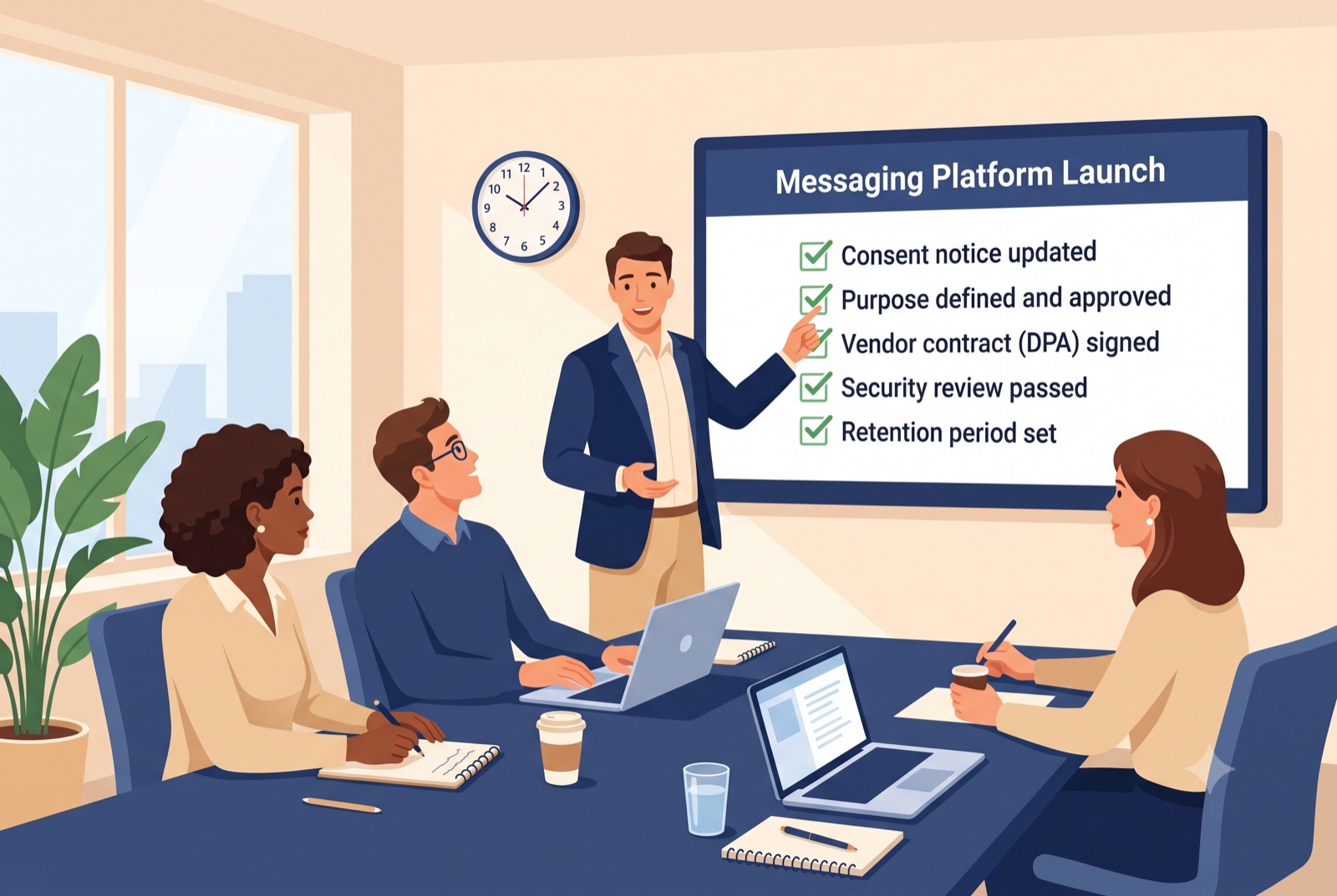 A team in a conference room reviews a 'Messaging Platform Launch' slide with a checklist confirming consent notice updated, purpose defined and approved, vendor contract signed, security review passed, and retention period set.