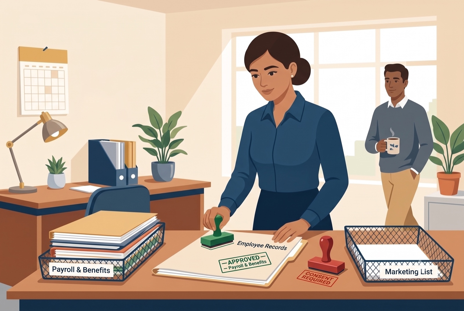 An HR manager stamps an employee records folder 'Approved — Payroll & Benefits' while a separate 'Marketing List' tray sits empty next to an unused 'Consent Required' stamp.