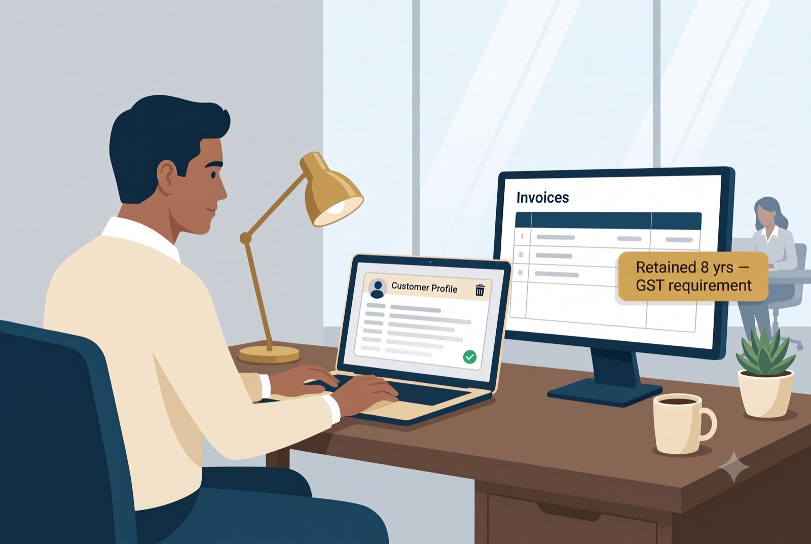 A man deletes a customer profile on his laptop while a second monitor shows an untouched invoices table labeled 'Retained 8 yrs — GST requirement.'