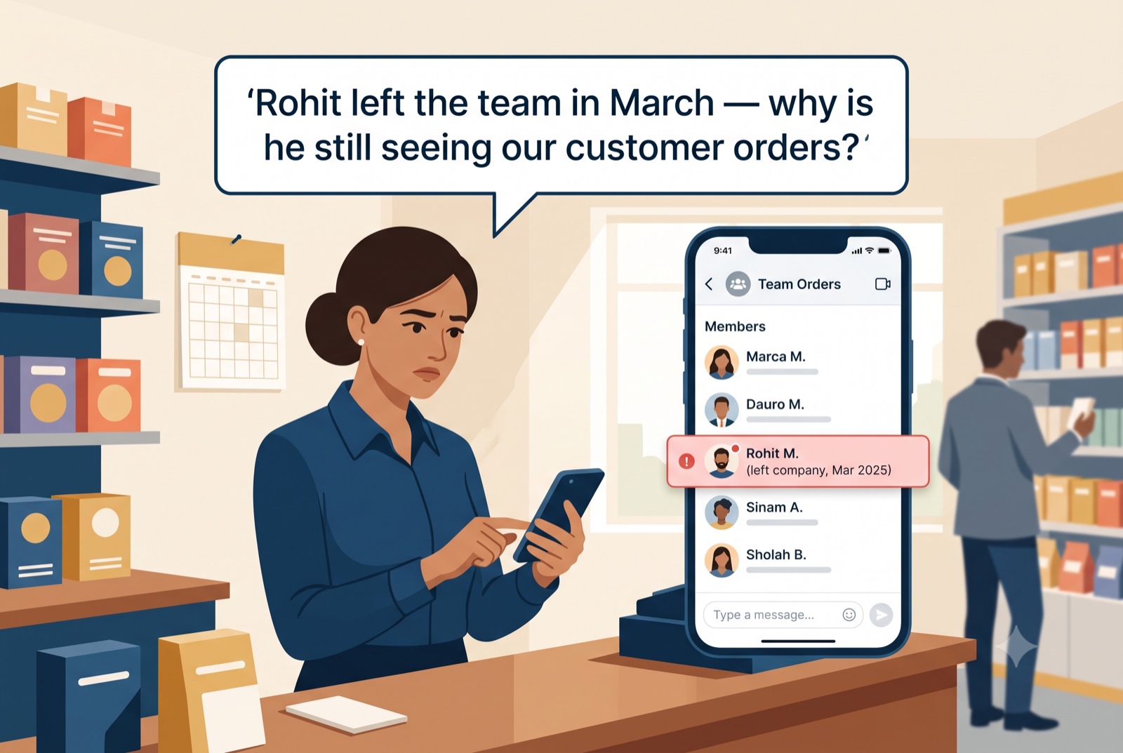 A shopkeeper looks concerned at her phone, where a 'Team Orders' group chat member list highlights a former employee, marked 'left company', who is still listed as an active member.